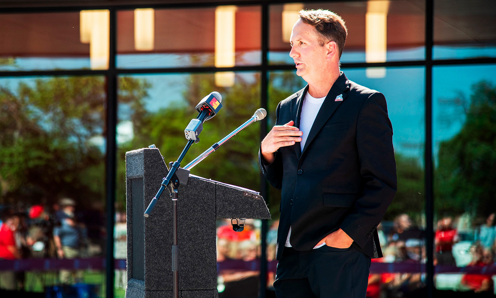 Dan Shipp delivering remarks at McPherson Hall ribbon cutting