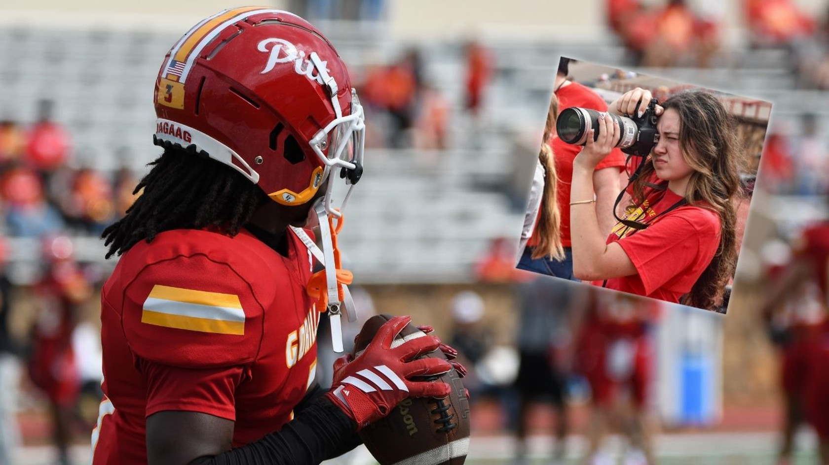 football player and student photographer at game