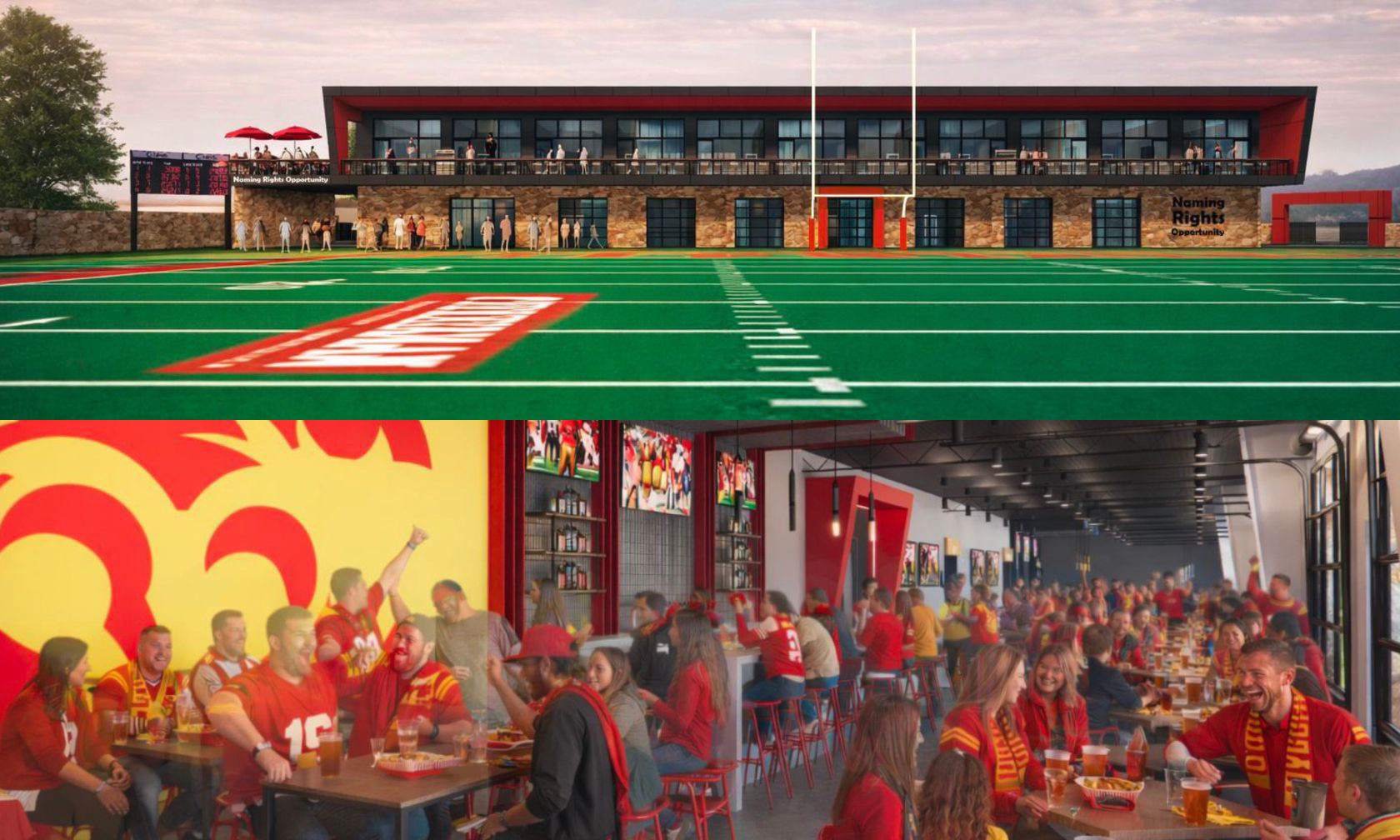 artist's rendering of a new end zone facility at the north end of Carnie Smith Stadium, showing the exterior and interior of the building