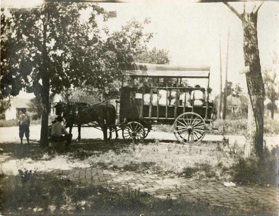 Antique photo of people sitting in a horse-driven carriage